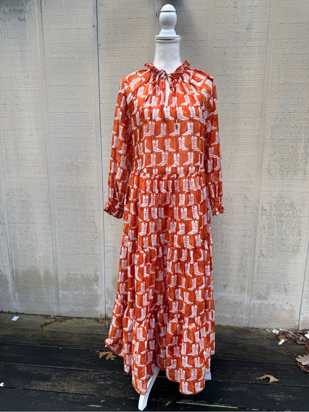 Tiered Long Sleeve Maxi Dress in Burnt Orange Cowboy Boot Print